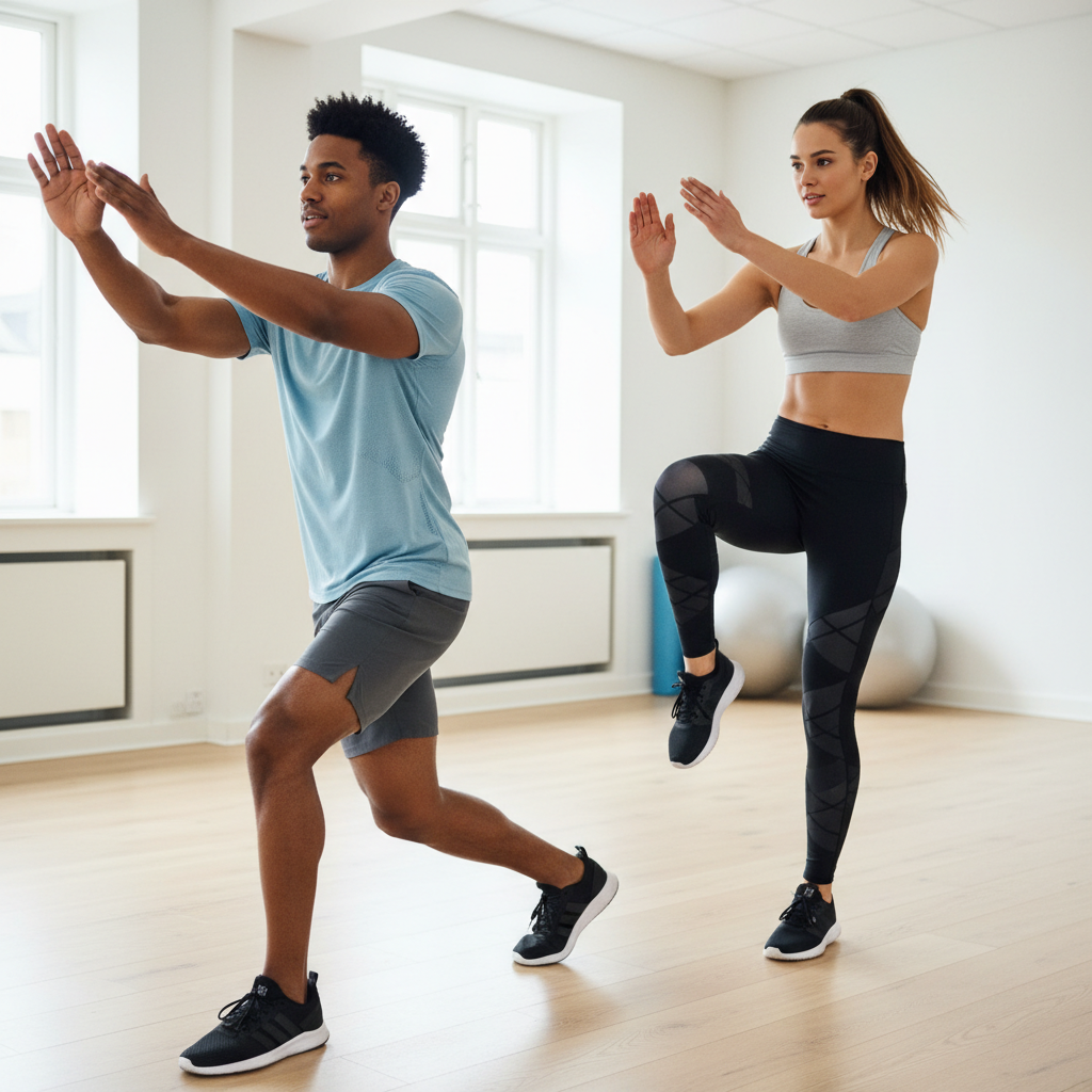 Kvinde og mand træner i moderne træningstøj i et fitnesscenter, tøjet fremhæver svedtransport og bevægelsesfrihed.
