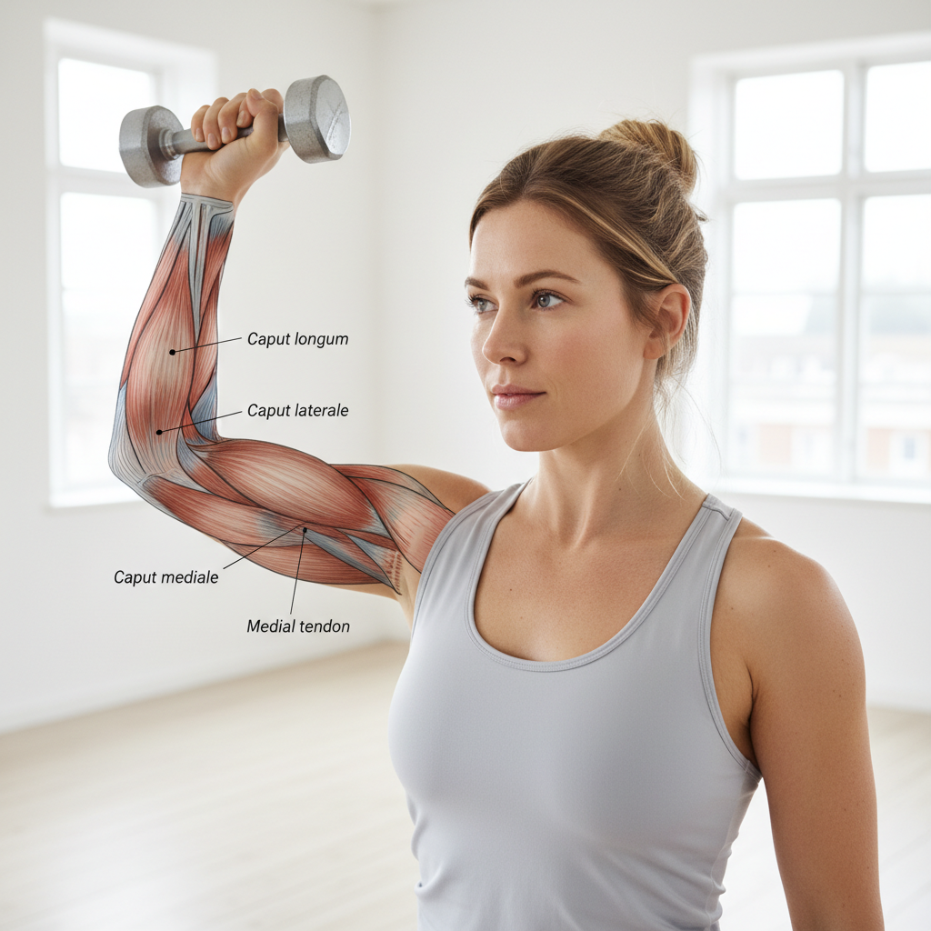 Detaljeret anatomisk illustration af overarmens tricepsmuskel, der viser de tre hoveder: det lange, laterale og mediale hoved, og deres tilhørende sener.