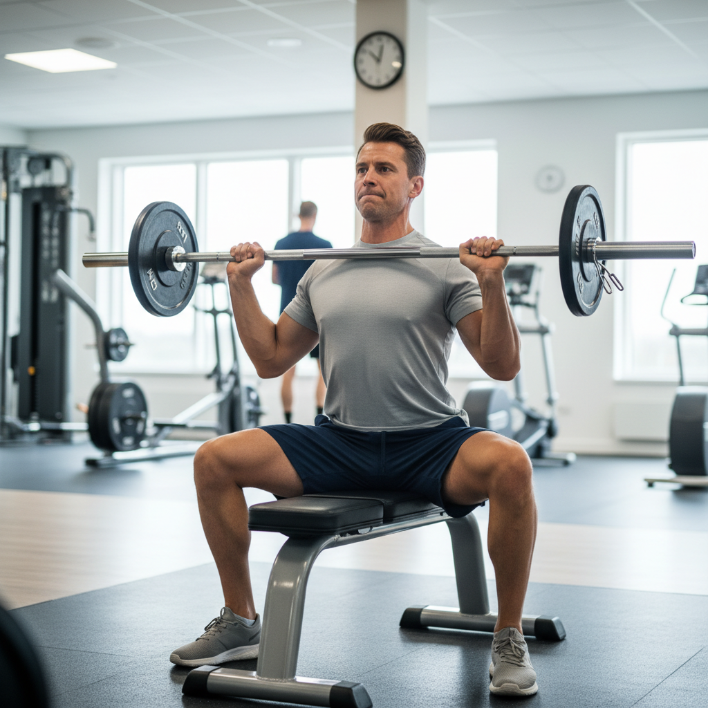 En mand udfører close-grip bænkpres i et fitnesscenter, hvor han sænker vægtstangen kontrolleret med albuerne tæt ind til kroppen.
