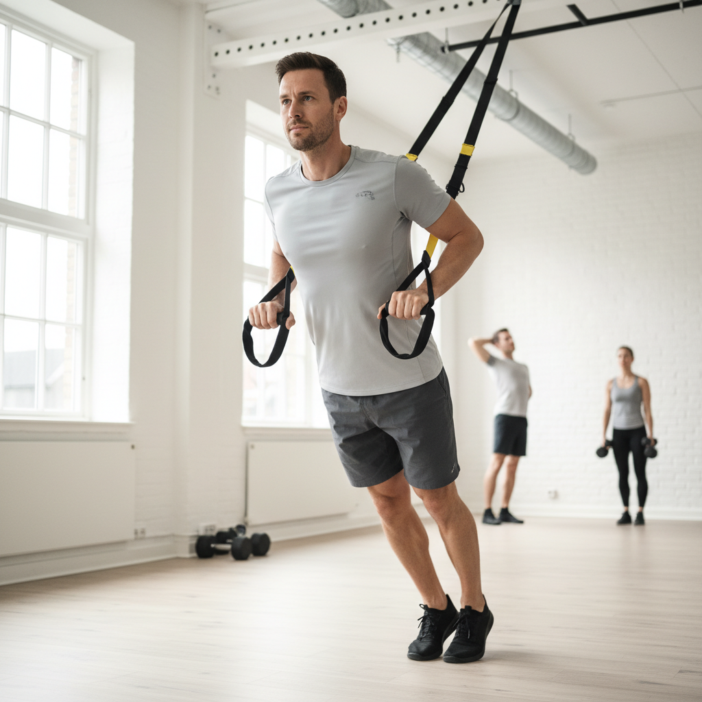 En mand udfører TRX Row, hvor han trækker brystet op mod håndtagene for at styrke ryg og biceps.