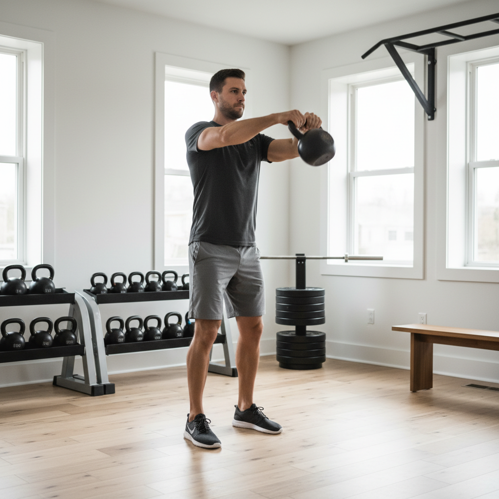 En atlet udfører en dynamisk kettlebell swing med korrekt teknik i et hjemmegym.