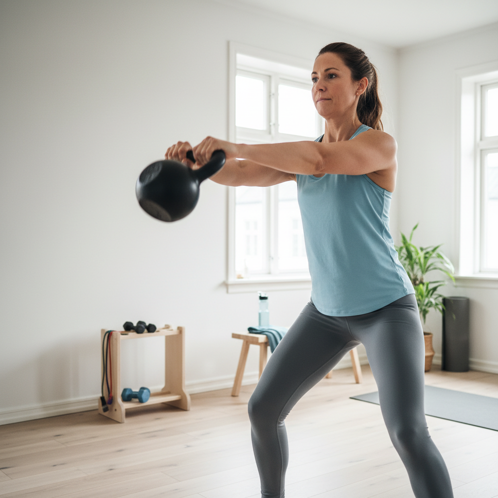 En atlet udfører et kettlebell swing med korrekt teknik i et hjemmegym.