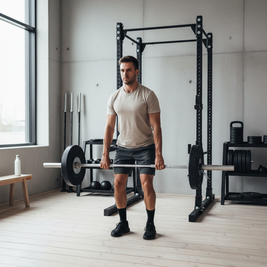 En person udfører et dødløft med en olympisk vægtstang og bumper plates i et hjemmegym.