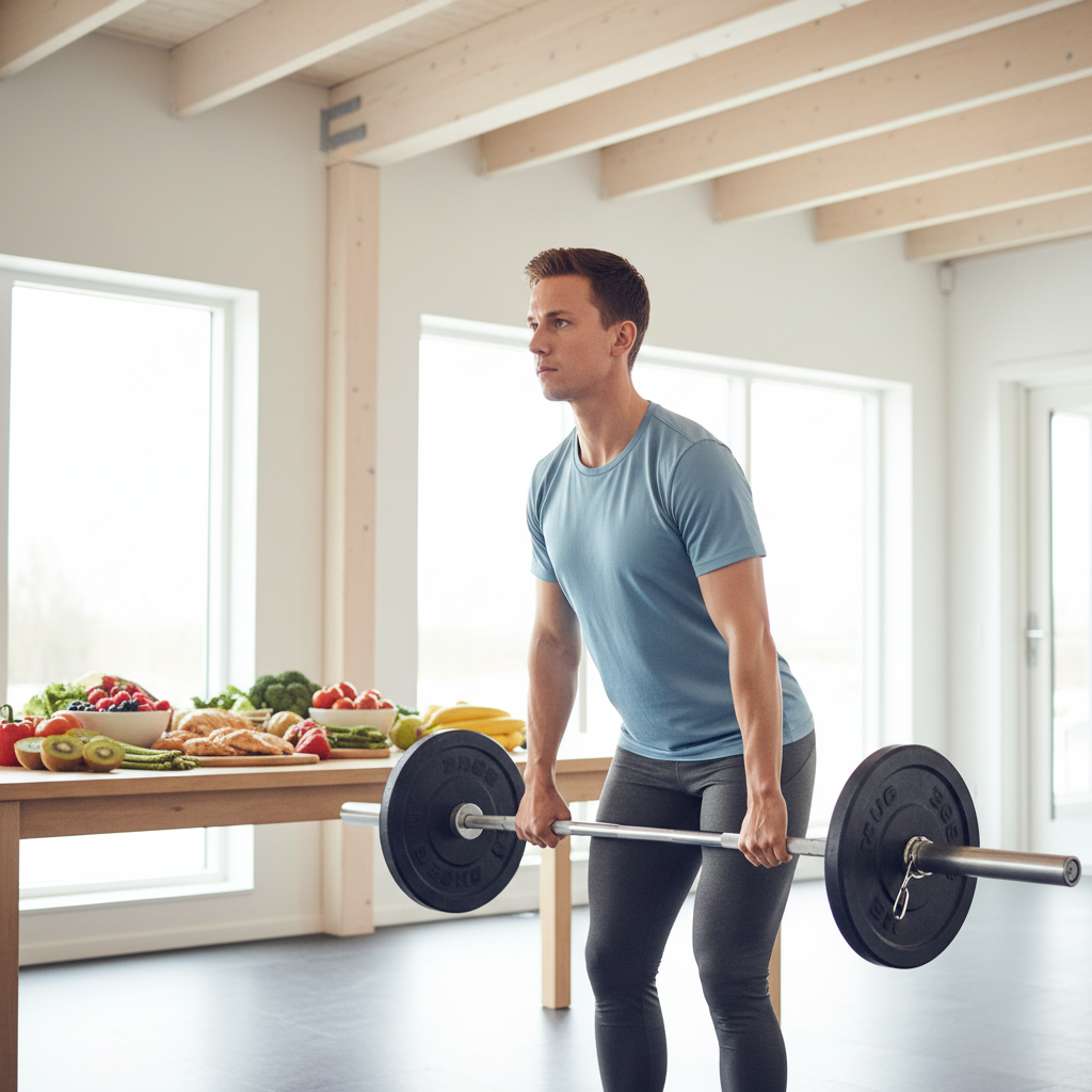 En person løfter vægte i et fitnesscenter, med sunde fødevarer som kød, grøntsager og frugt i baggrunden, der illustrerer vigtigheden af grundlæggende kost og træning.