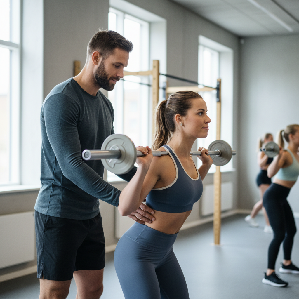 En personlig træner vejleder en kvindelig nybegynder i korrekt udførelse af en squat med let vægtstang i et fitnesscenter.