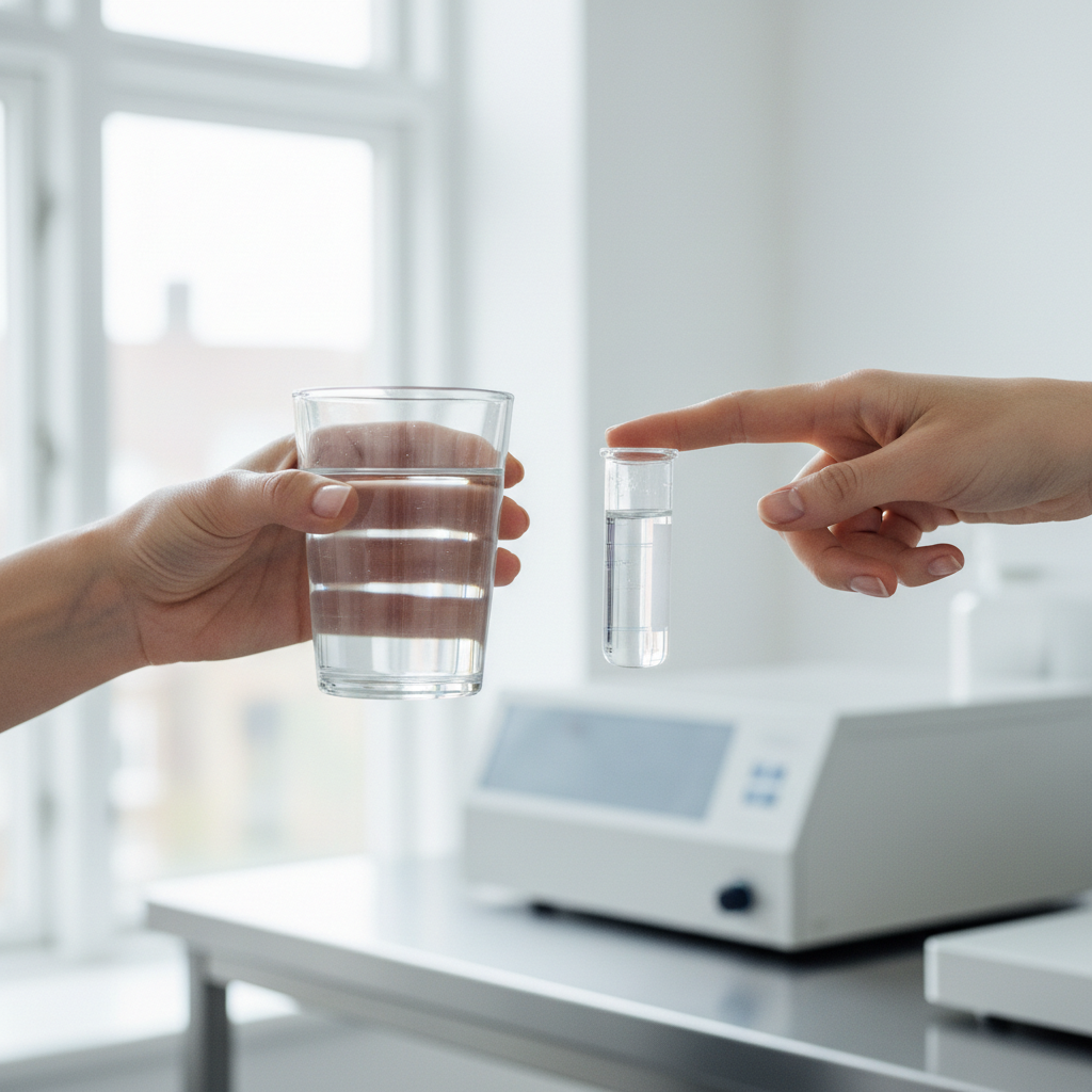 En hånd holder et glas vand, mens en anden peger på en næsten klar urinprøve som tegn på god hydrering.