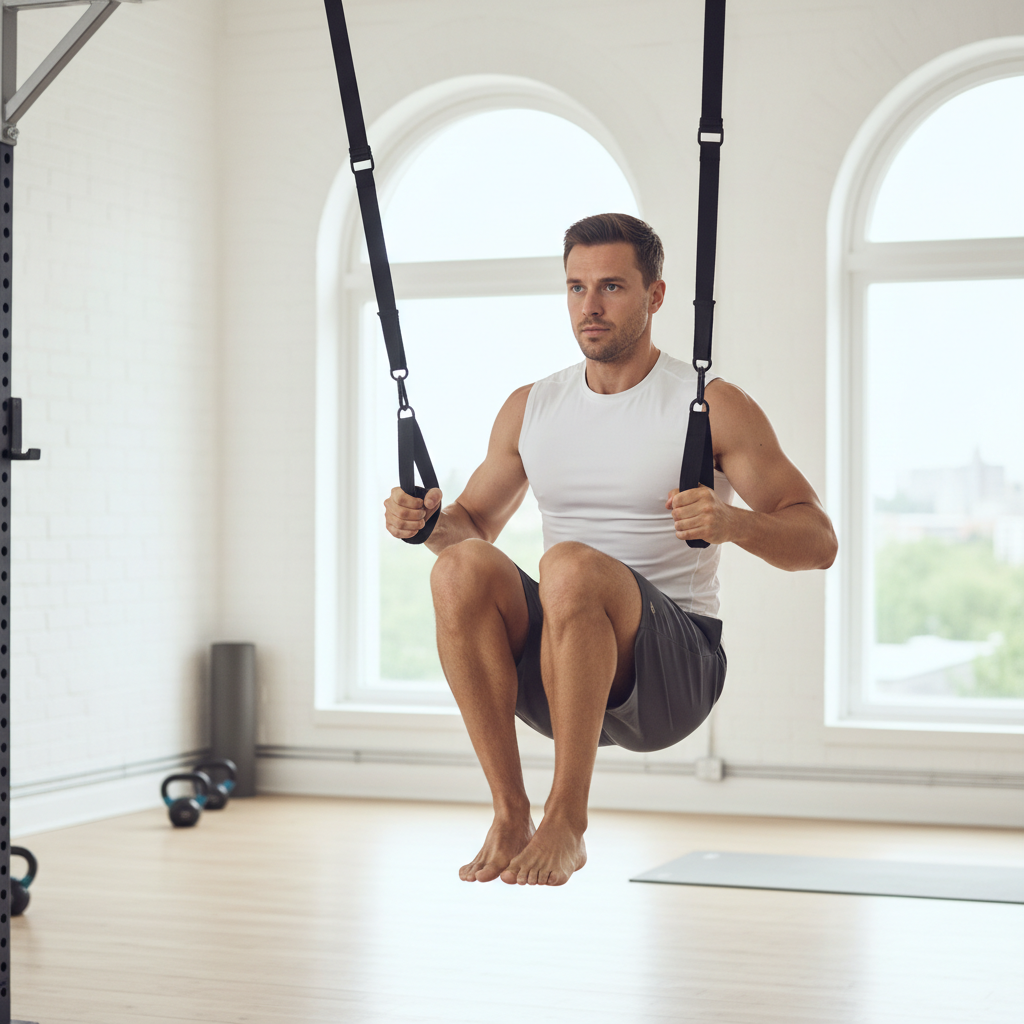 En atlet udfører kontrollerede benløft ved hjælp af ab slings, hængende fra en pull-up bar. Personen viser god form uden at svinge benene for meget.