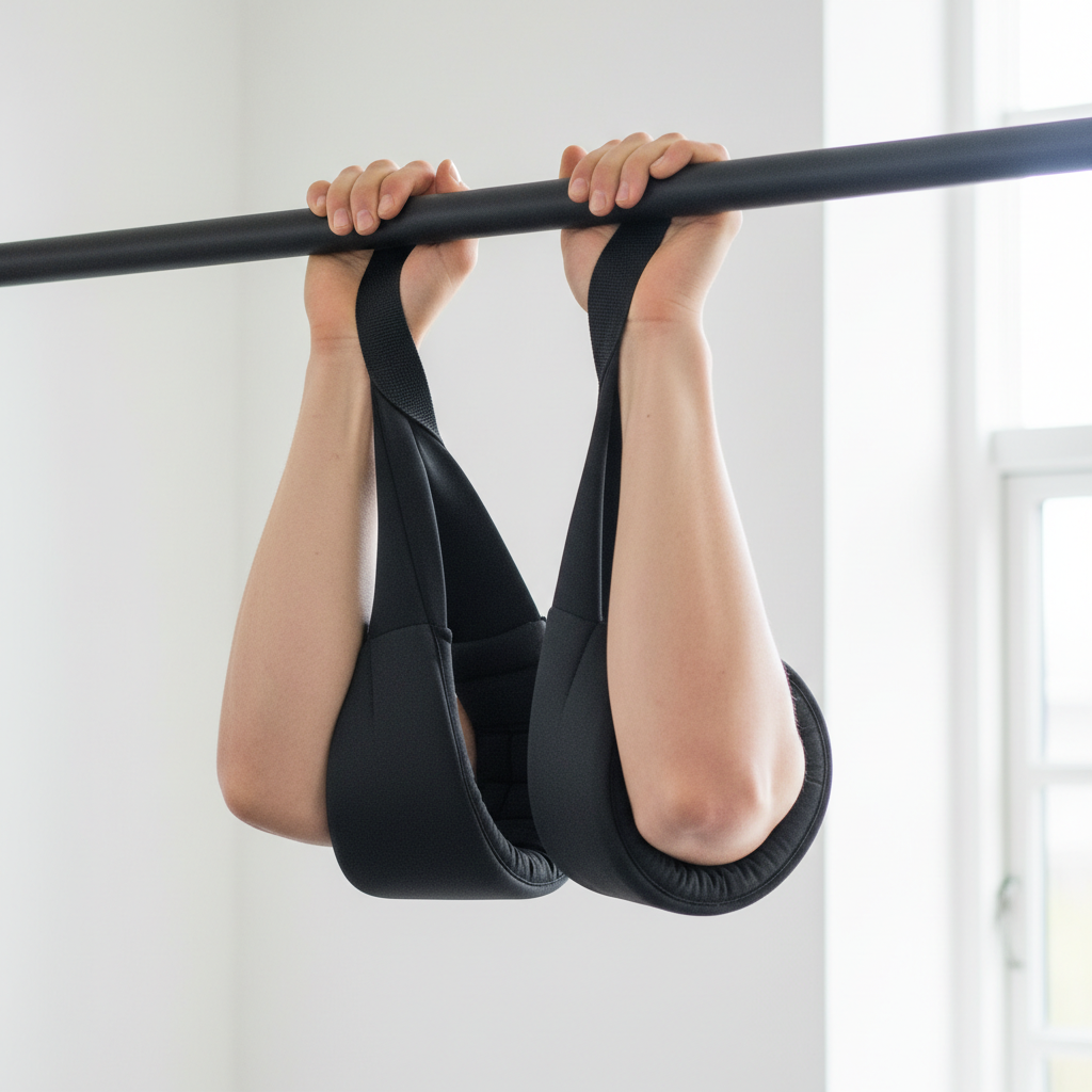 Nærbillede af underarme og hænder i polstrede ab slings, der hænger fra en pull-up bar, hvilket viser korrekt udstyr for at mindske ubehag.