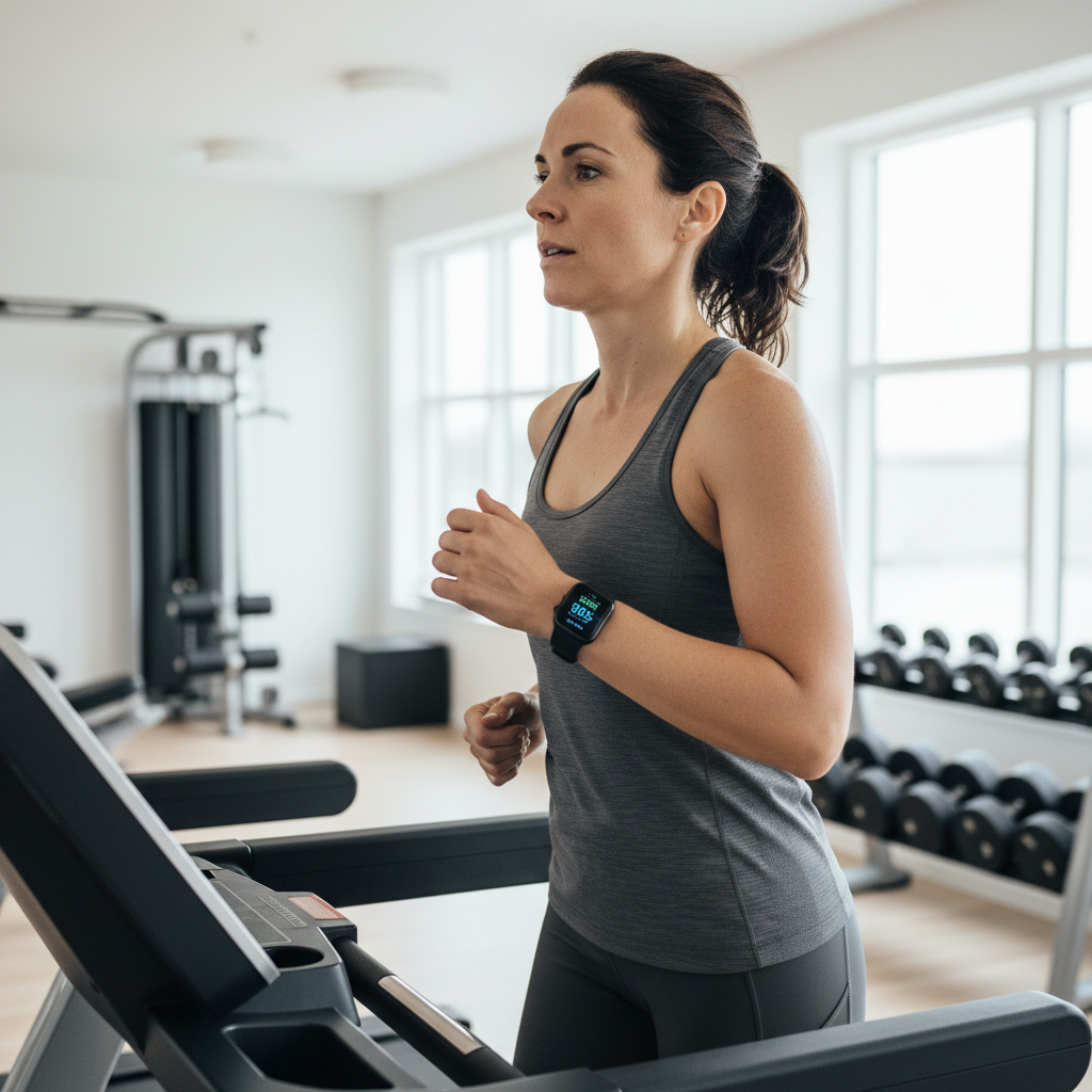 En person løber målrettet på et løbebånd i et fitnesscenter, hvor et pulsur viser intensitetszoner.