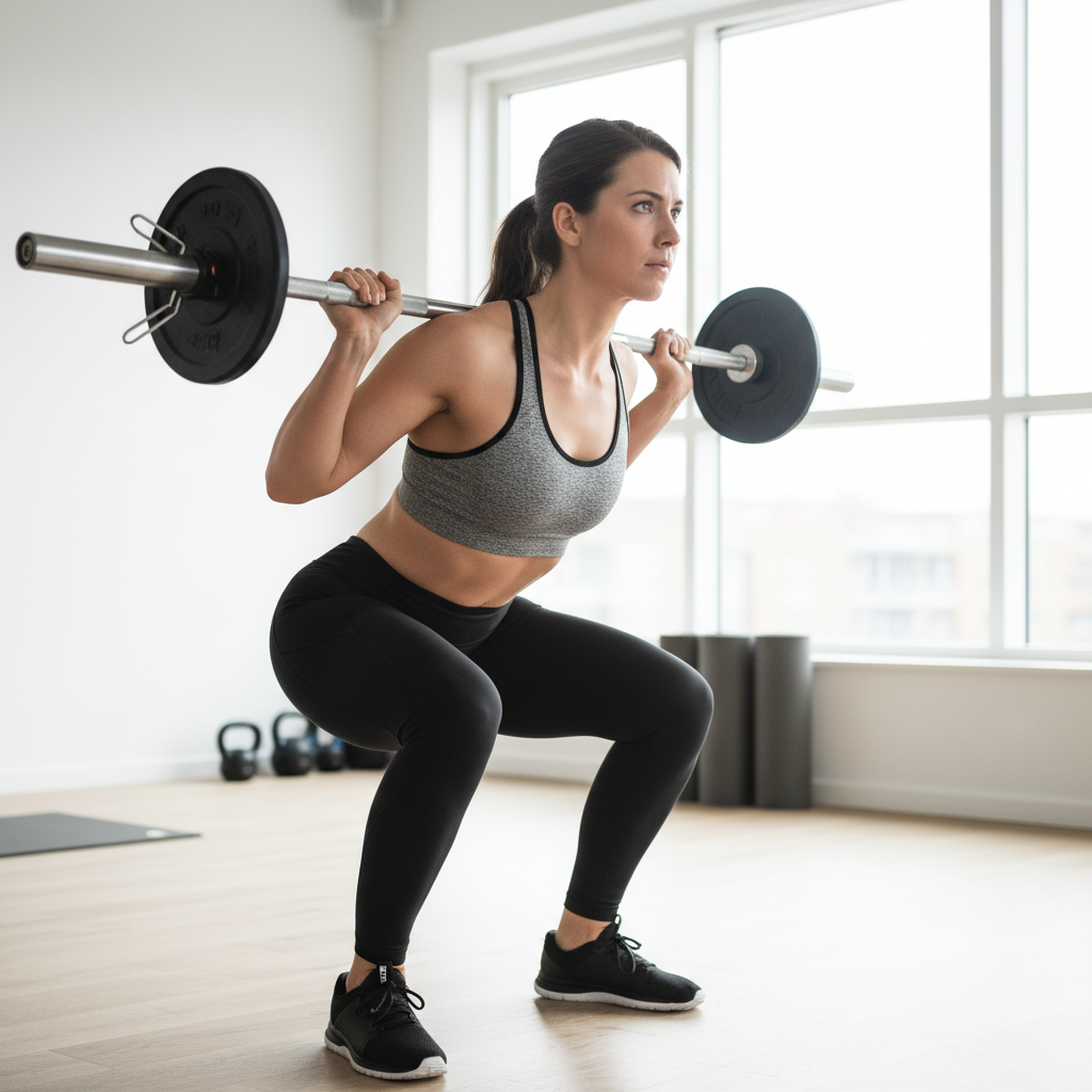 En person udfører en styrketræningsøvelse med vægte i et fitnesscenter.