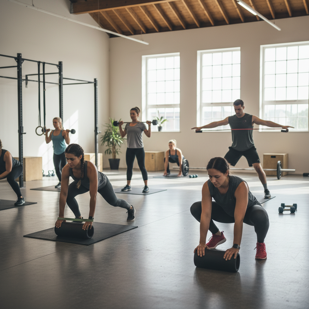 Forskellige atleter udfører varieret træning, herunder stræk, foam rolling og isolationsøvelser, for at adressere individuelle svagheder.