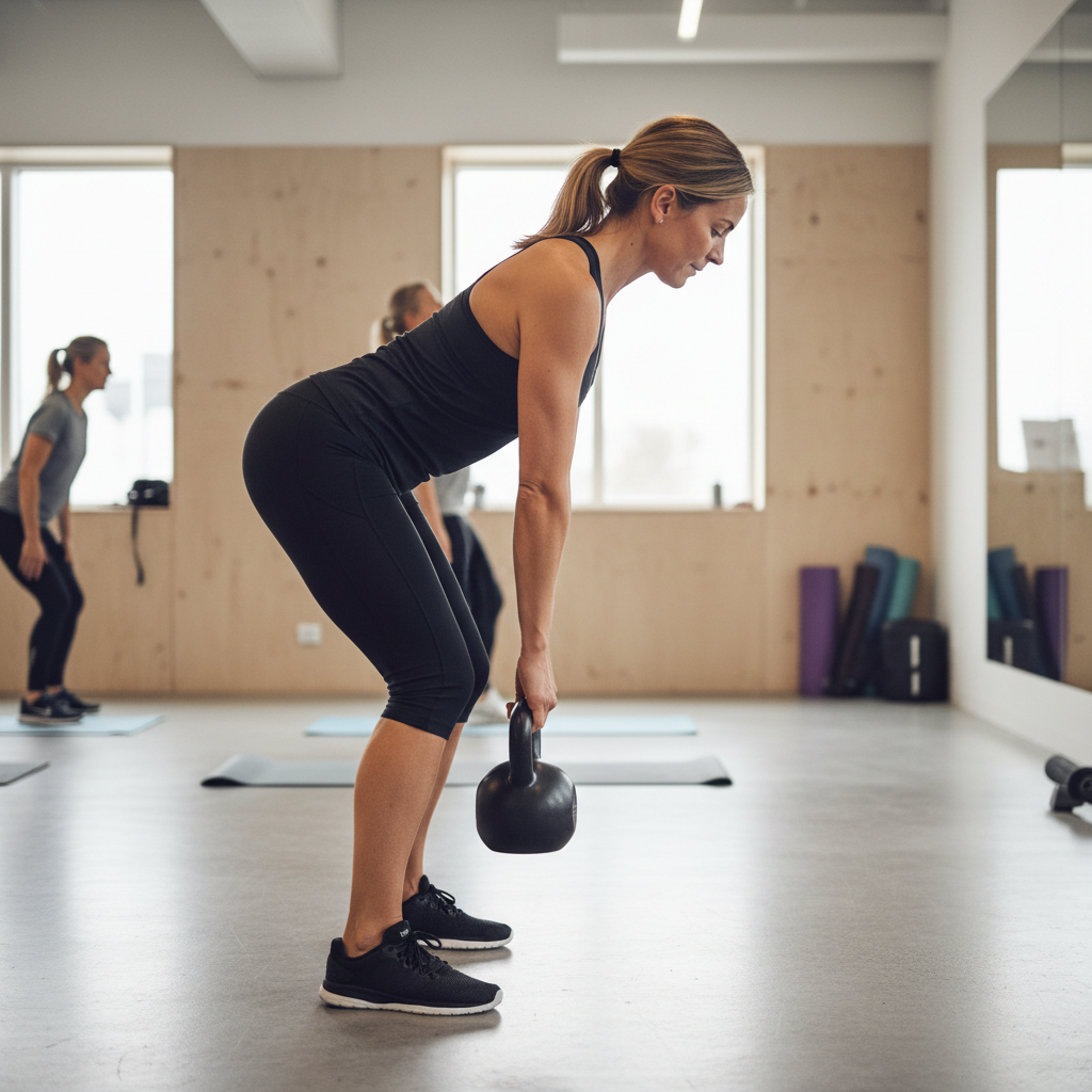 Person viser en neutral rygsøjle under en kettlebell-øvelse, der illustrerer korrekt teknik for at beskytte ryggen.