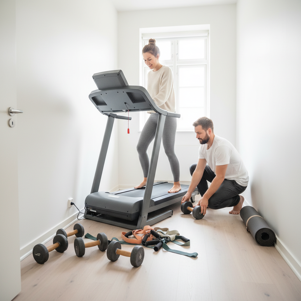 Et rodet og trangt hjemmegym med et stort løbebånd klemt ind i et lille rum, og håndvægte og elastikker ligger spredt på gulvet.