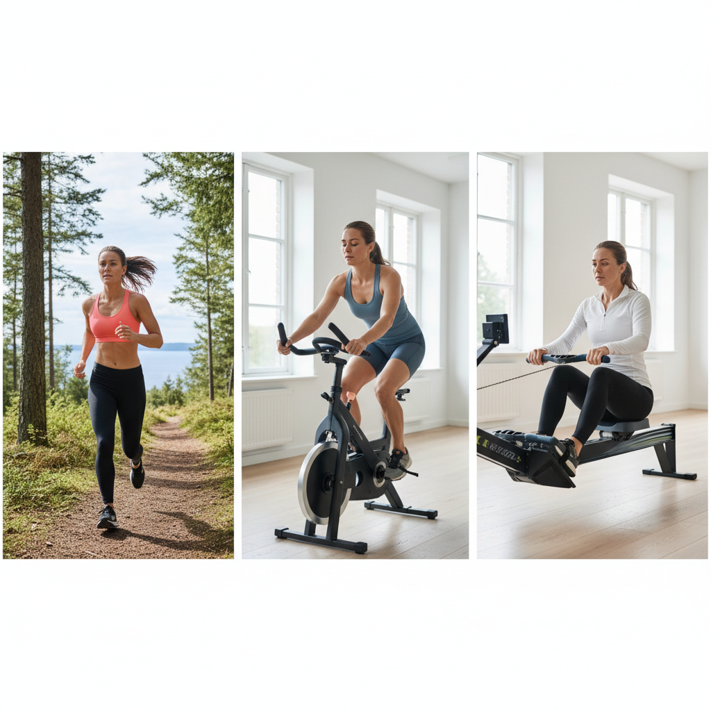 En kvinde udfører forskellige typer af konditionstræning, herunder løb udendørs, cykling på en stationær cykel og roning på en romaskine, for at illustrere variation i træning.