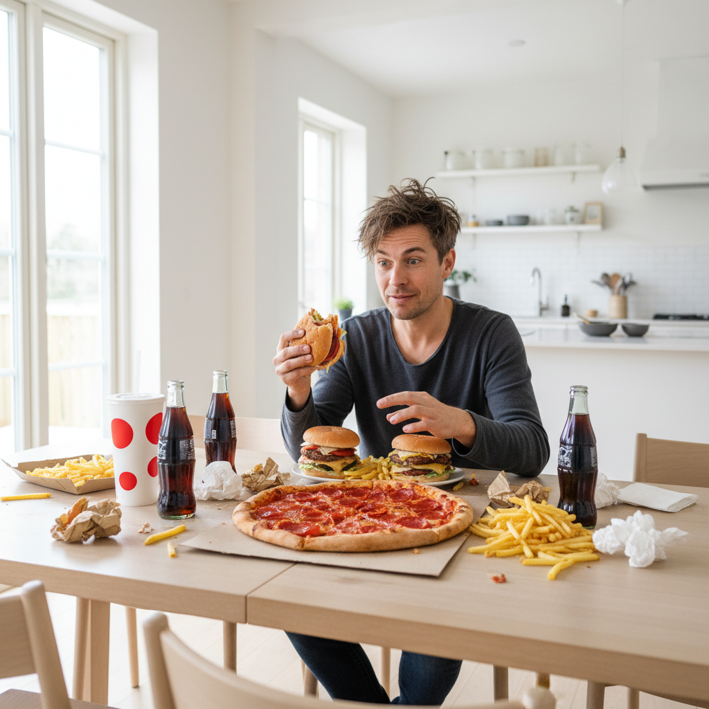 En person sidder ved et bord fuld af fastfood og usunde måltider, omgivet af tomme emballager.