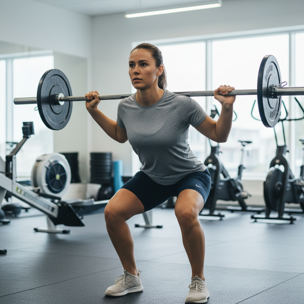 Person udfører barbell squat med perfekt form i et træningscenter.