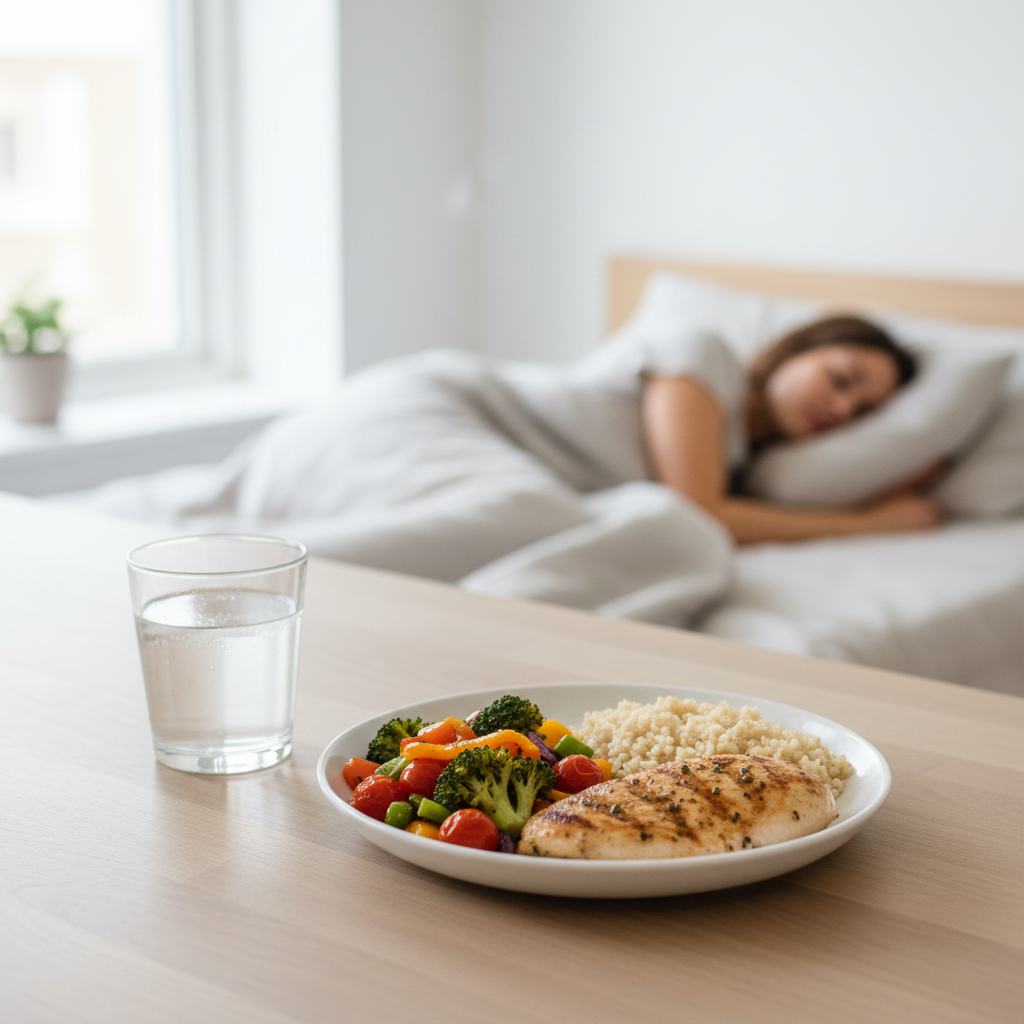 Et velafbalanceret måltid med proteiner og grøntsager og en person, der sover i baggrunden.