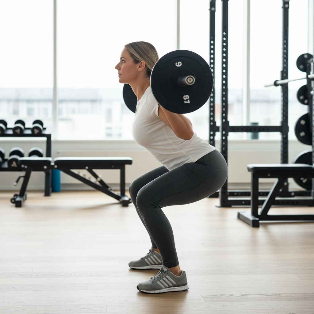Kvinde udfører squat med korrekt teknik og en vægtstang på ryggen i et fitnesscenter.