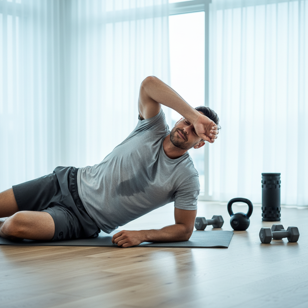 Træt mand hviler på en yogamåtte efter træning i et fitnesscenter, tørrer sved af panden.