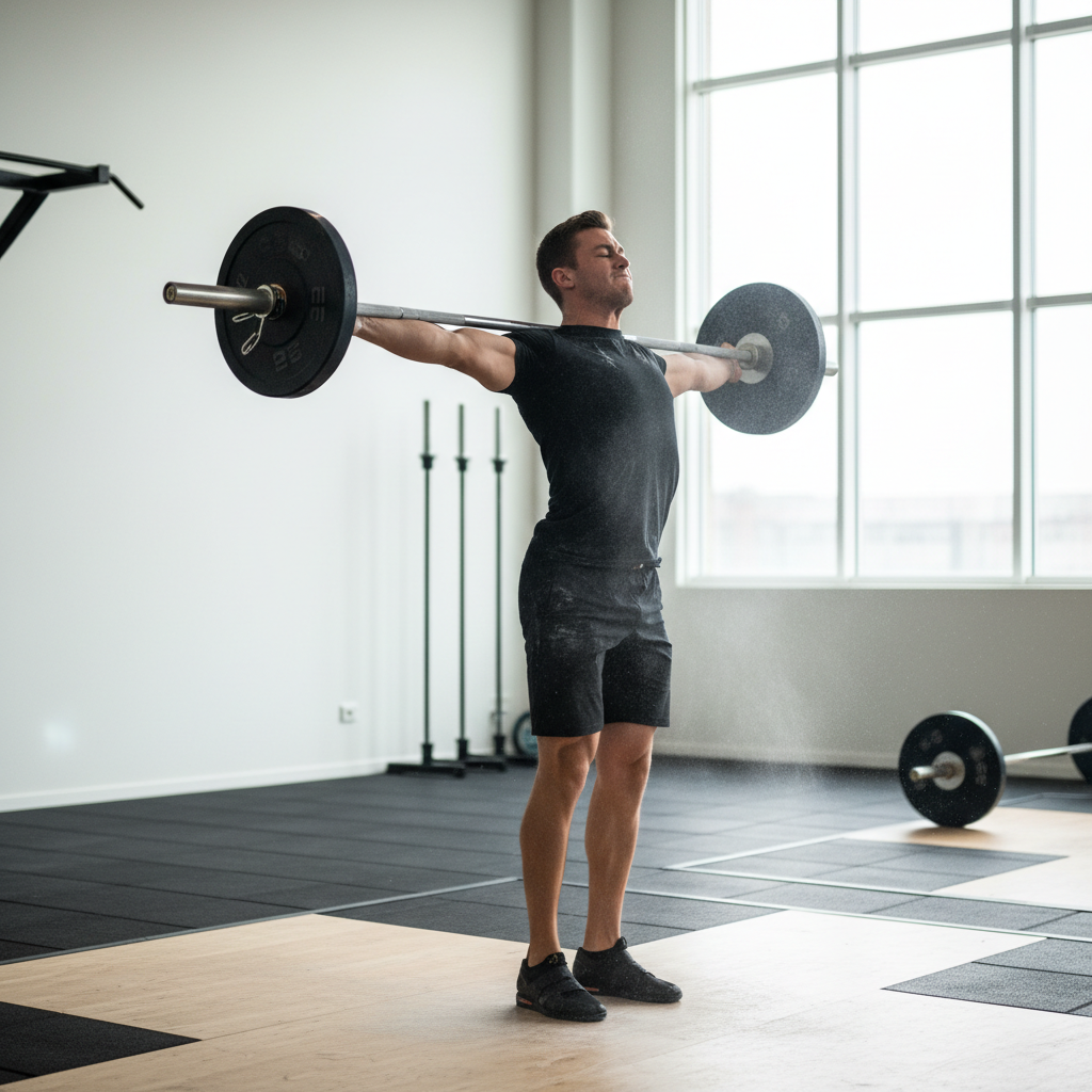En muskuløs atlet i midten af 20'erne udfører et eksplosivt snatch-løft i et moderne fitnesscenter, hvor vægtstangen er i den anden trækfase.