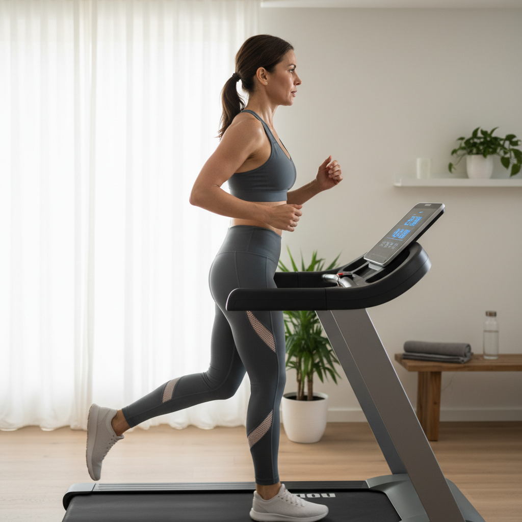 Kvinde i 30'erne, iført træningstøj, løber fokuseret på et moderne løbebånd i et lyst hjemmegym.