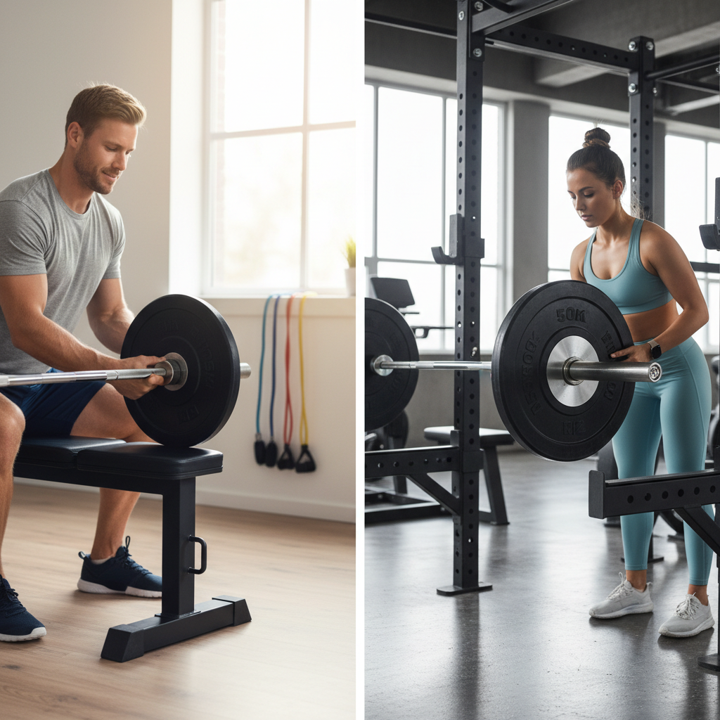Billede af en 30mm vægtskive monteret på en almindelig vægtstang ved siden af en større 50mm olympisk vægtskive monteret på en olympisk vægtstang, der viser forskellen i huldiameter til homegym og professionel brug.