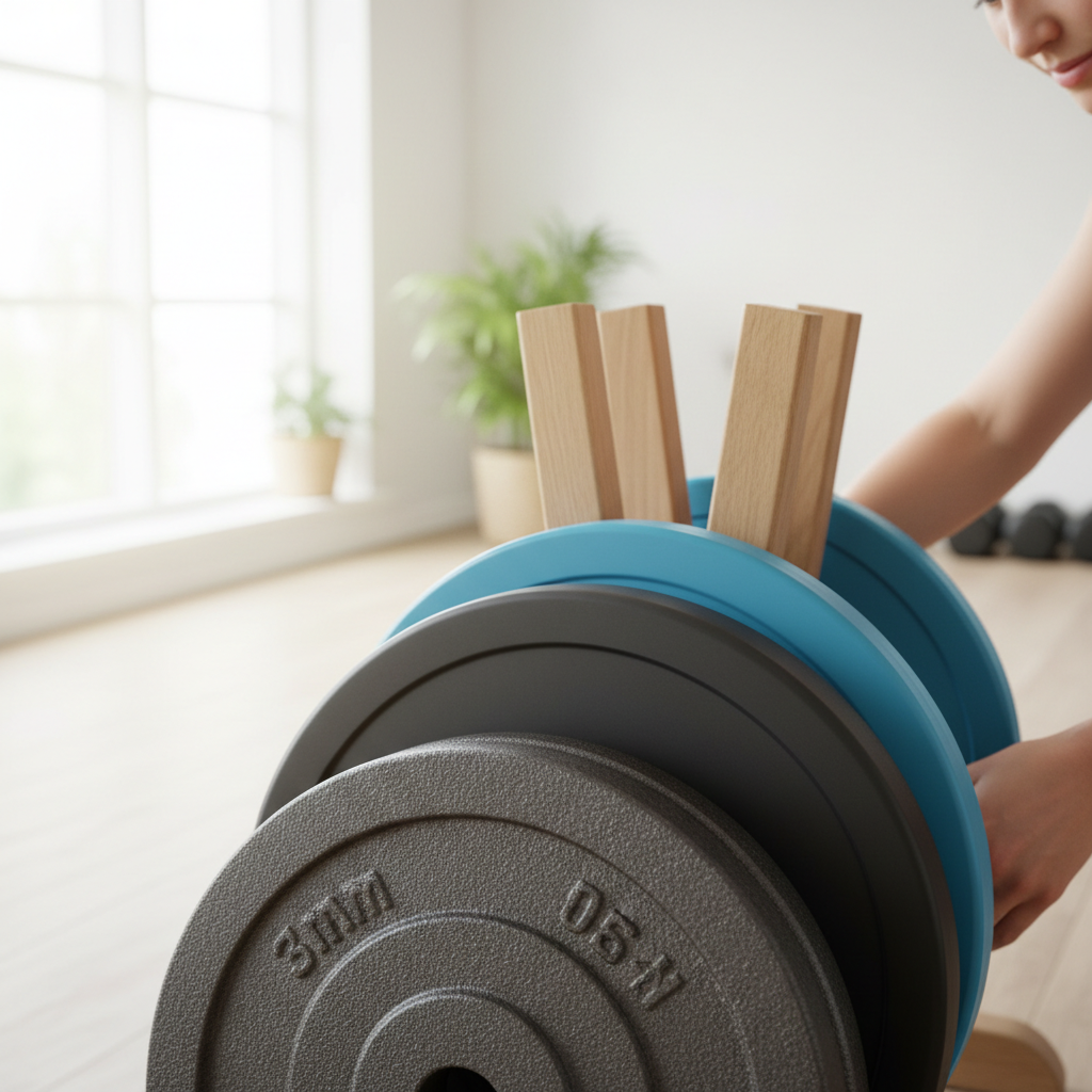 Et nærbillede af en stak 30mm vægtskiver, der viser forskellige materialer som støbejern, gummibelægning og vinyl, opbevaret på et vægtstativ i et homegym.