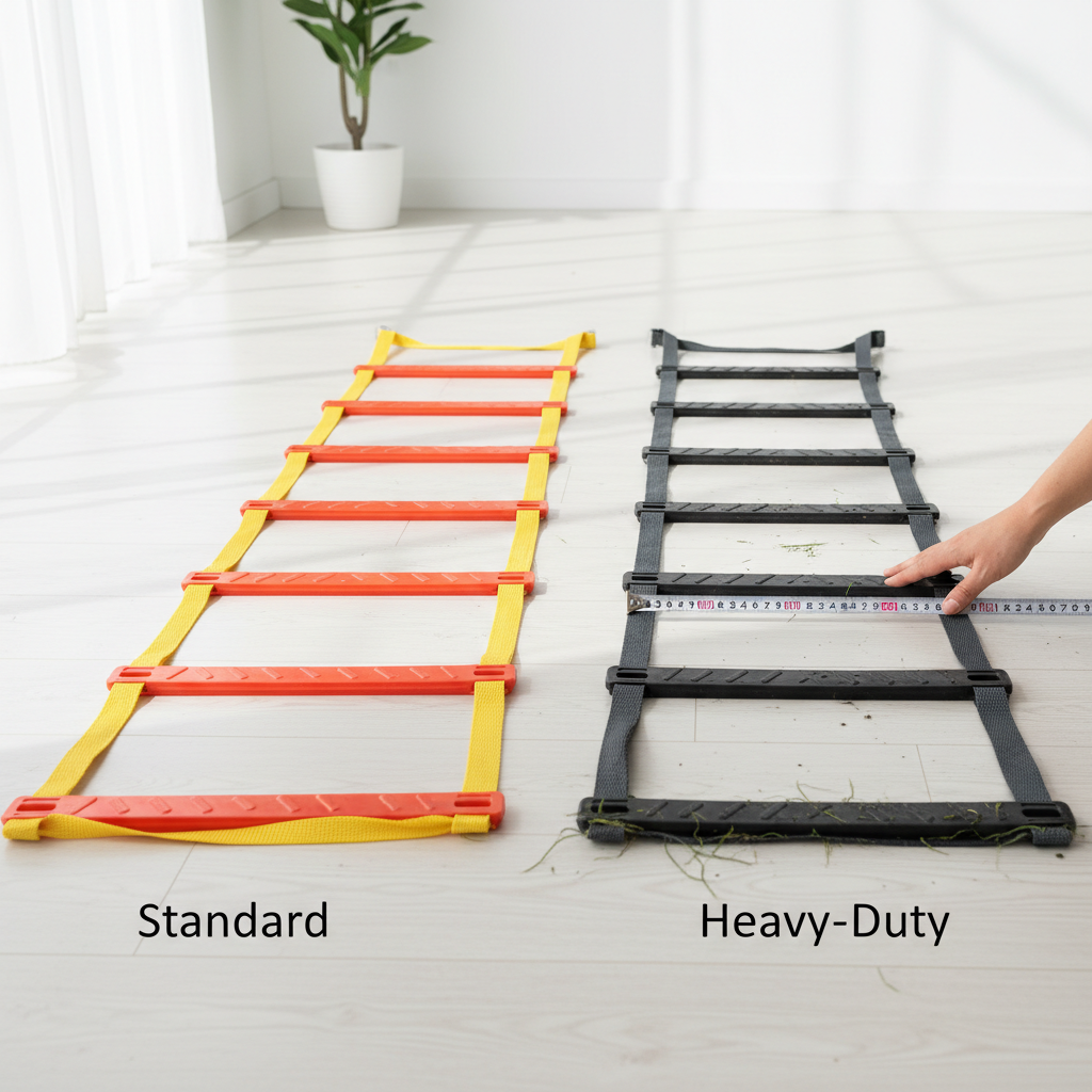 Sammenligning af to agilitystiger: en standardmodel med tynde stropper og en heavy-duty model med tykkere, mere robuste stropper og trin.