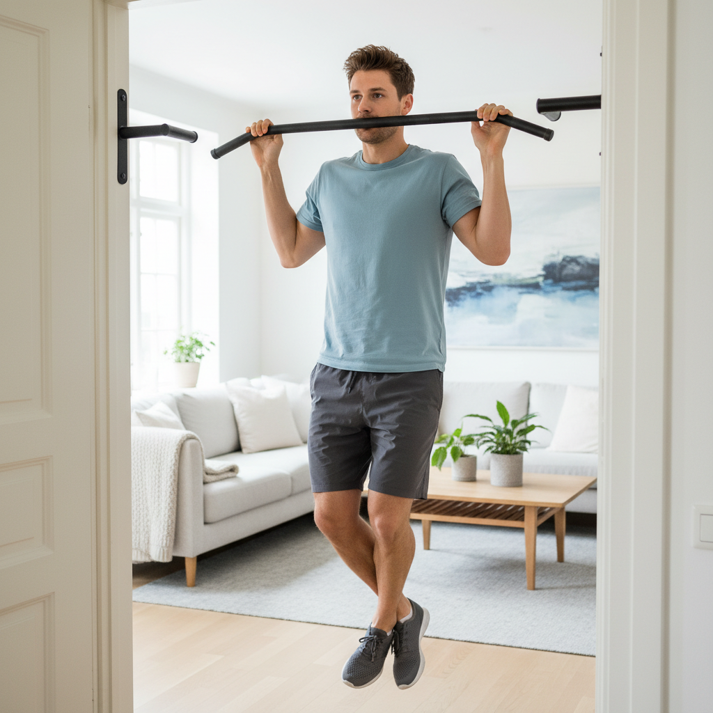 En mand udfører en pull-up på en dørkarm pull-up bar i sit hjem, hvilket viser bekvemmeligheden ved hjemmetræning.