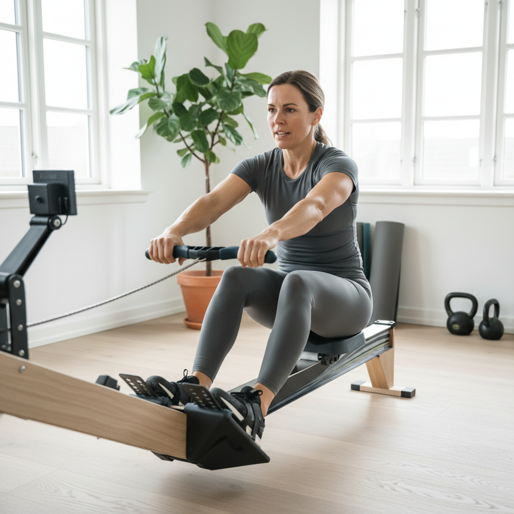 En kvinde i 30'erne ror intenst på en moderne romaskine i et lyst hjemmegym og viser god form.