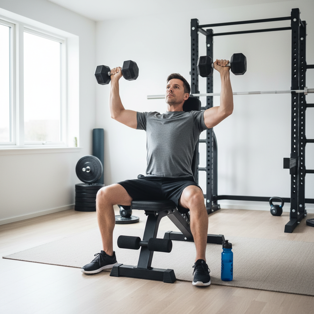 En muskuløs mand udfører dumbbell bænkpres på en justerbar træningsbænk i et hjemmegym.