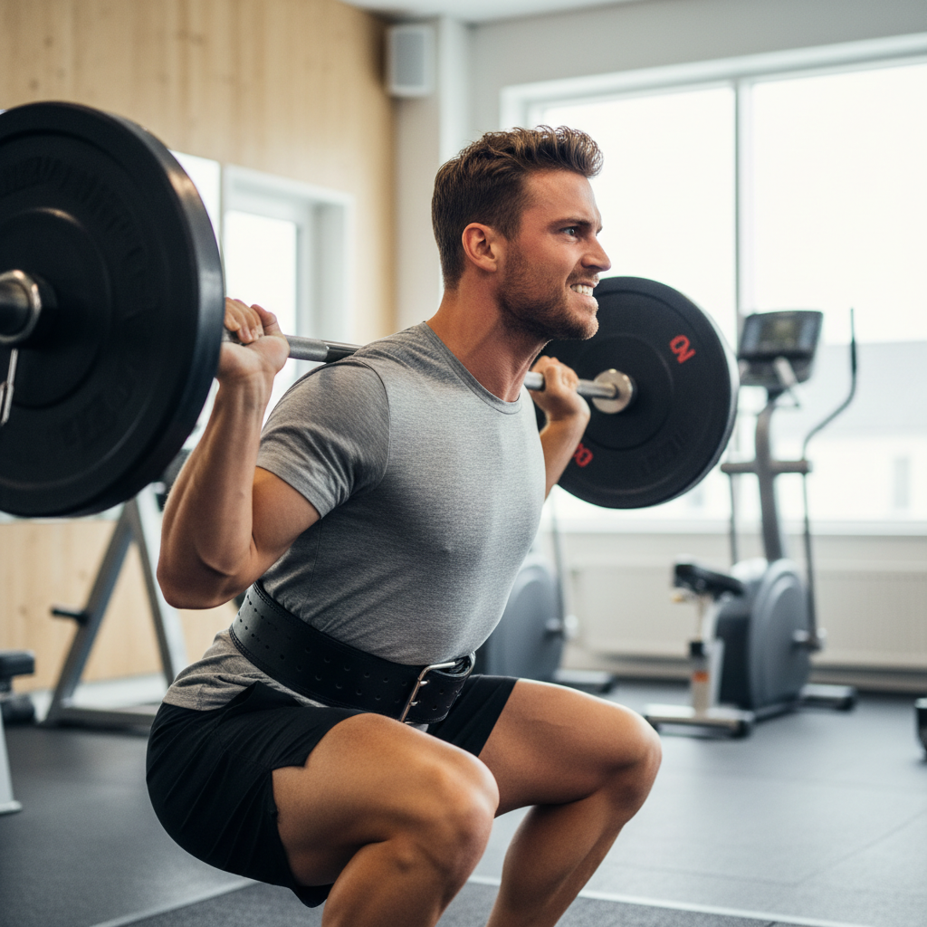 En mand udfører en tung squat med et tykt sort styrkeløftbælte på.