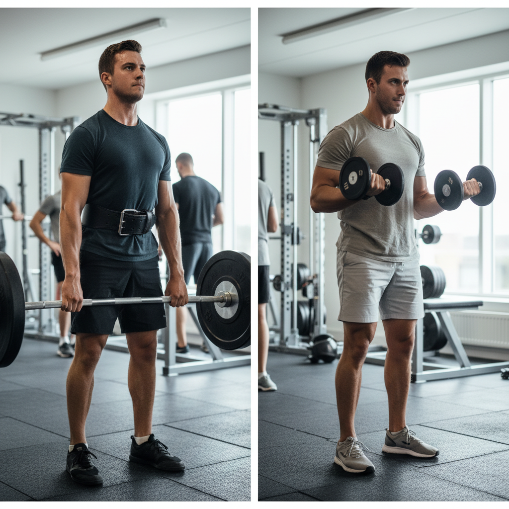 Billede der viser to scener: en person der dødløfter med bælte, og en der laver biceps curls uden bælte.