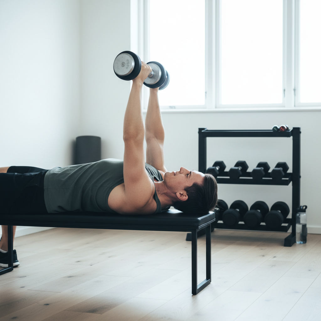 En person udfører håndvægtsbænkpres på en flad træningsbænk i et hjemmegym.