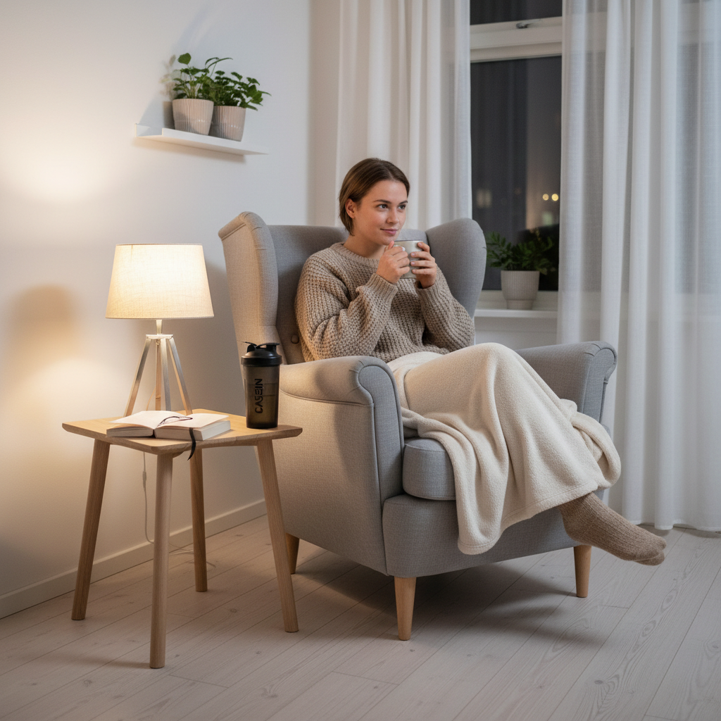 En person slapper af om aftenen med en bog og en proteinshake, typisk kasein, ved siden af.