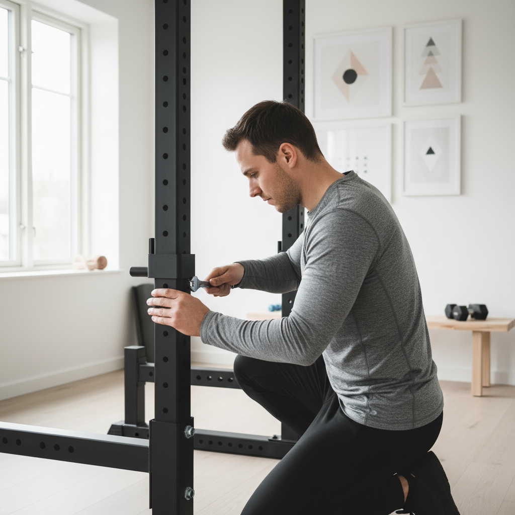 En person strammer en bolt på et squat rack i et hjemmegym for at sikre udstyret.
