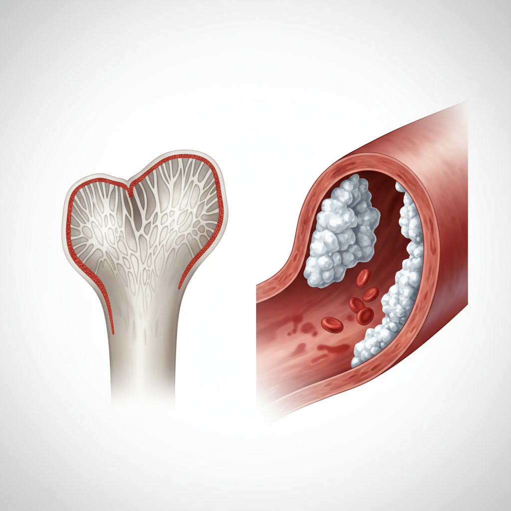 Illustration der viser en stærk knogle, hvor kalcium er korrekt opbygget, og en aterosklerotisk arterie med kalciumaflejringer på væggene.