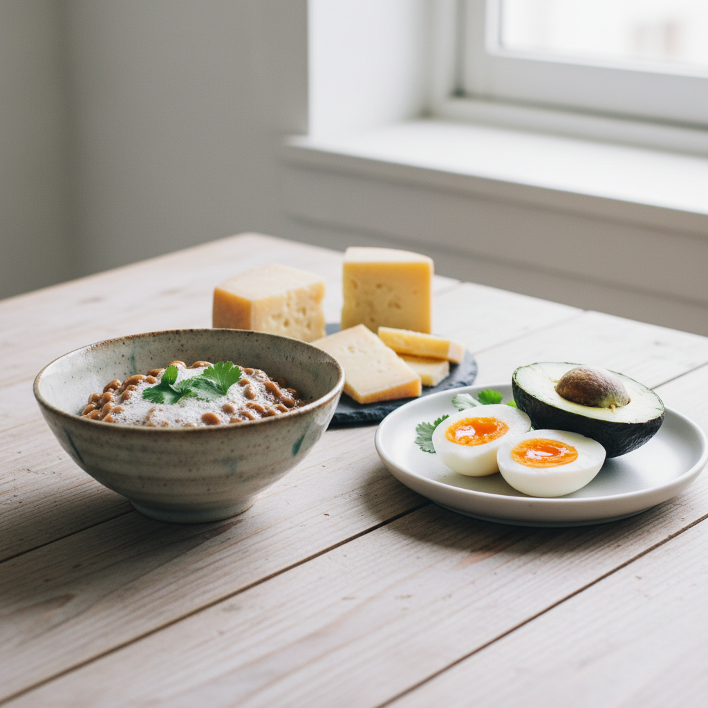 Et udvalg af fødevarer rig på vitamin K2, inklusive natto, Gouda ost, avocado og et kogt æg.