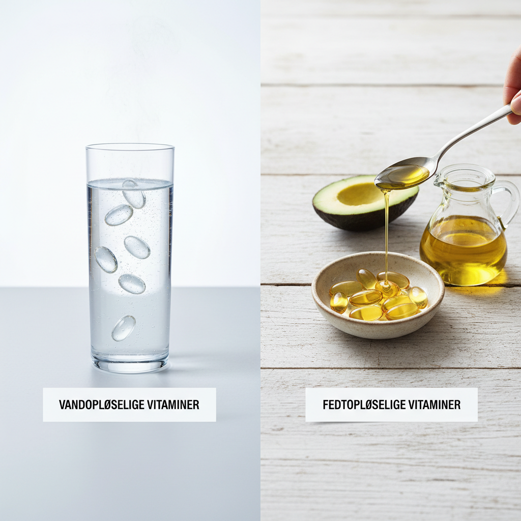Billede der viser forskellen på vandopløselige og fedtopløselige vitaminer. Vandopløselige ses i et glas vand, mens fedtopløselige er ved siden af en avocado og olivenolie.