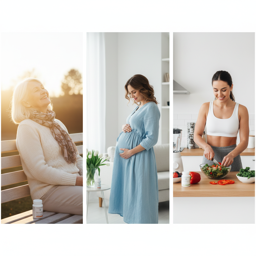 En ældre kvinde i solen, en gravid kvinde holder sin mave, og en ung kvinde tilbereder et vegansk måltid, der illustrerer forskellige grupper med vitaminbehov.