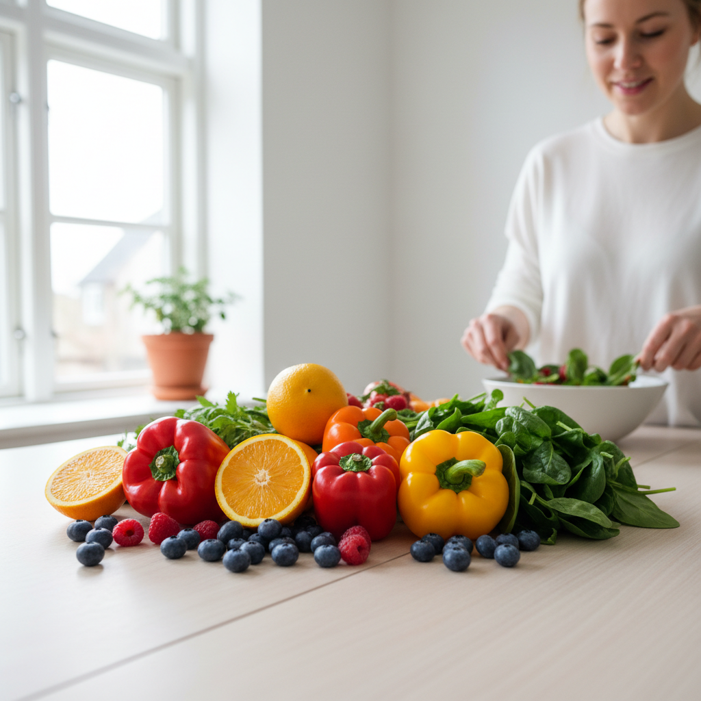 Et farverigt udvalg af friske frugter og grøntsager, herunder bær, spinat og citrusfrugter, arrangeret på et træbord under naturligt lys.