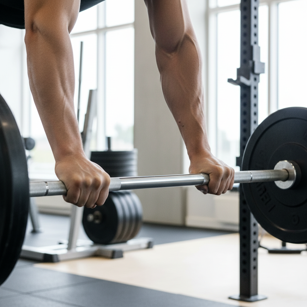En atlet griber fat i en tung vægtstang under et dødløft i et fitnesscenter, med fokus på hænder og muskelanstrengelse.